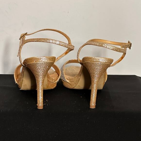 American Glamour Badgley Mischka Gold Glitter Strappy Heels Sz 6 - Picture 5 of 11